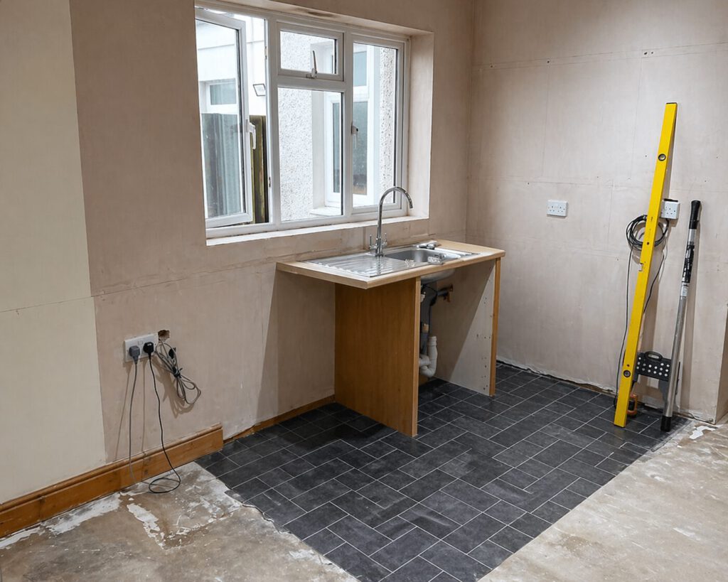 Before photo of the semi-island kitchen installation in Pontarddulais project