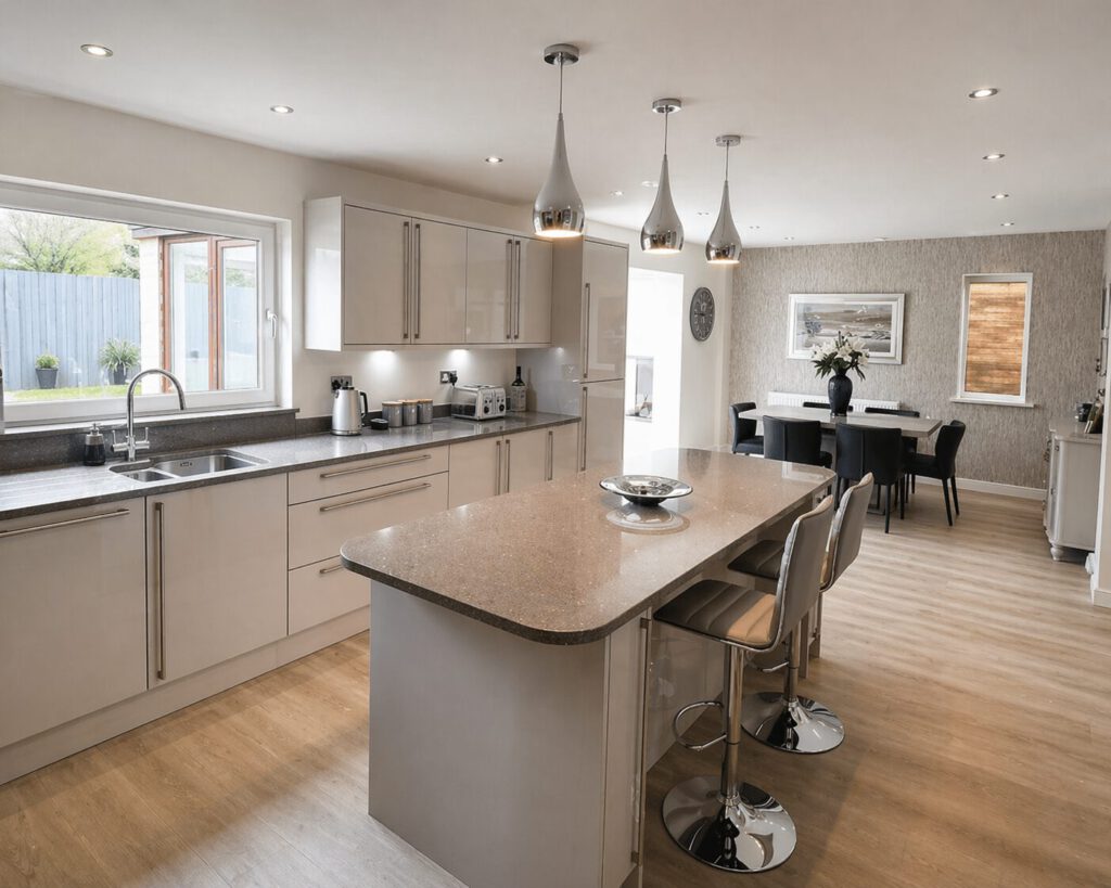 After photo of the gloss kitchen & island installation in Mayals project