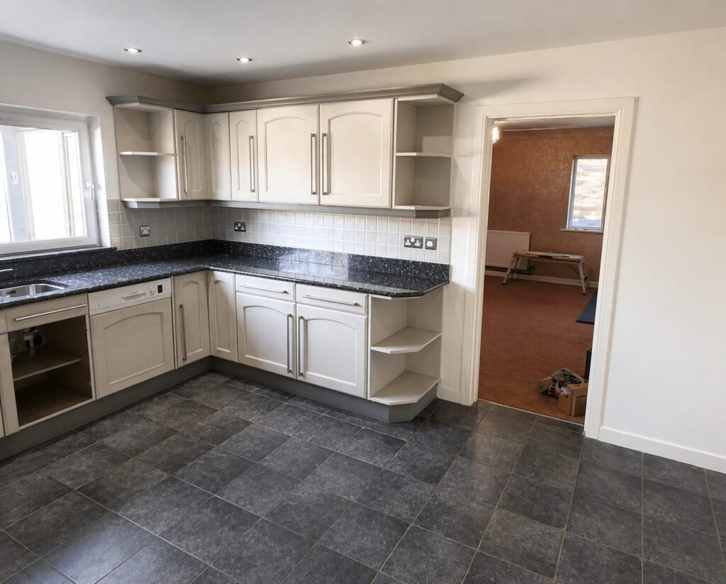 Before photo of the gloss kitchen & island installation in Mayals project