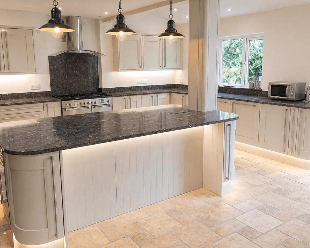 After photo of the shaker kitchen with curved island in Bishopston project
