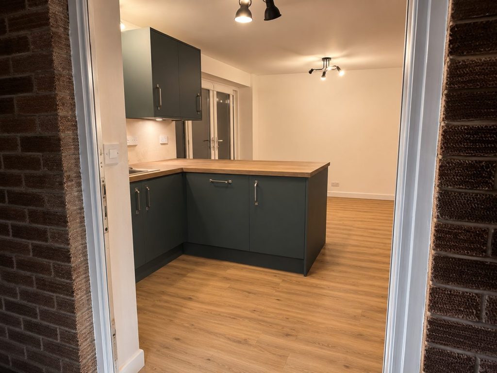 New modern open plan kitchen after wall being knocked down