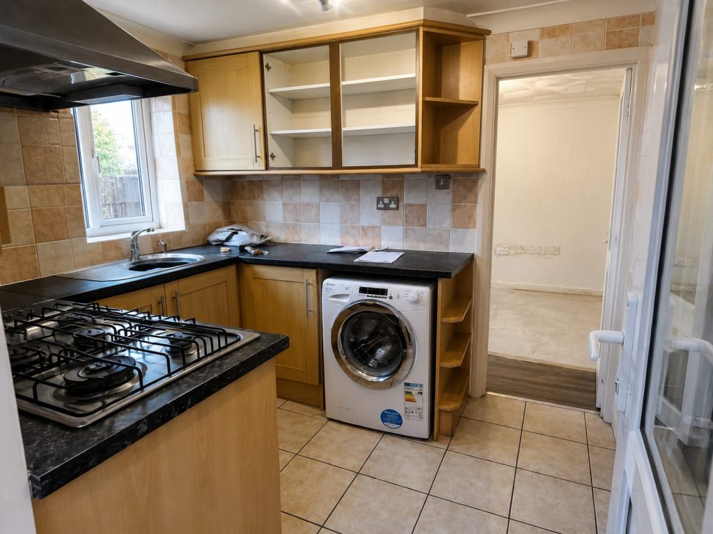 Old wooden kitchen with washing machine