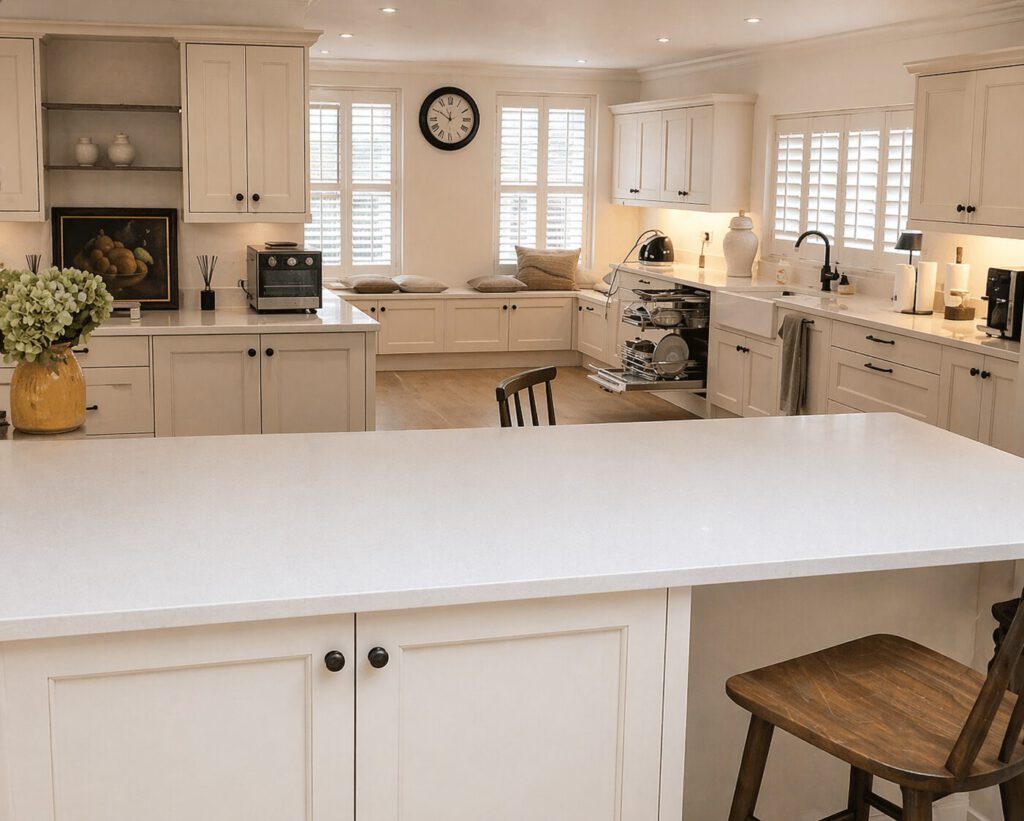 After photo of the large painted kitchen with island in Penllergaer project