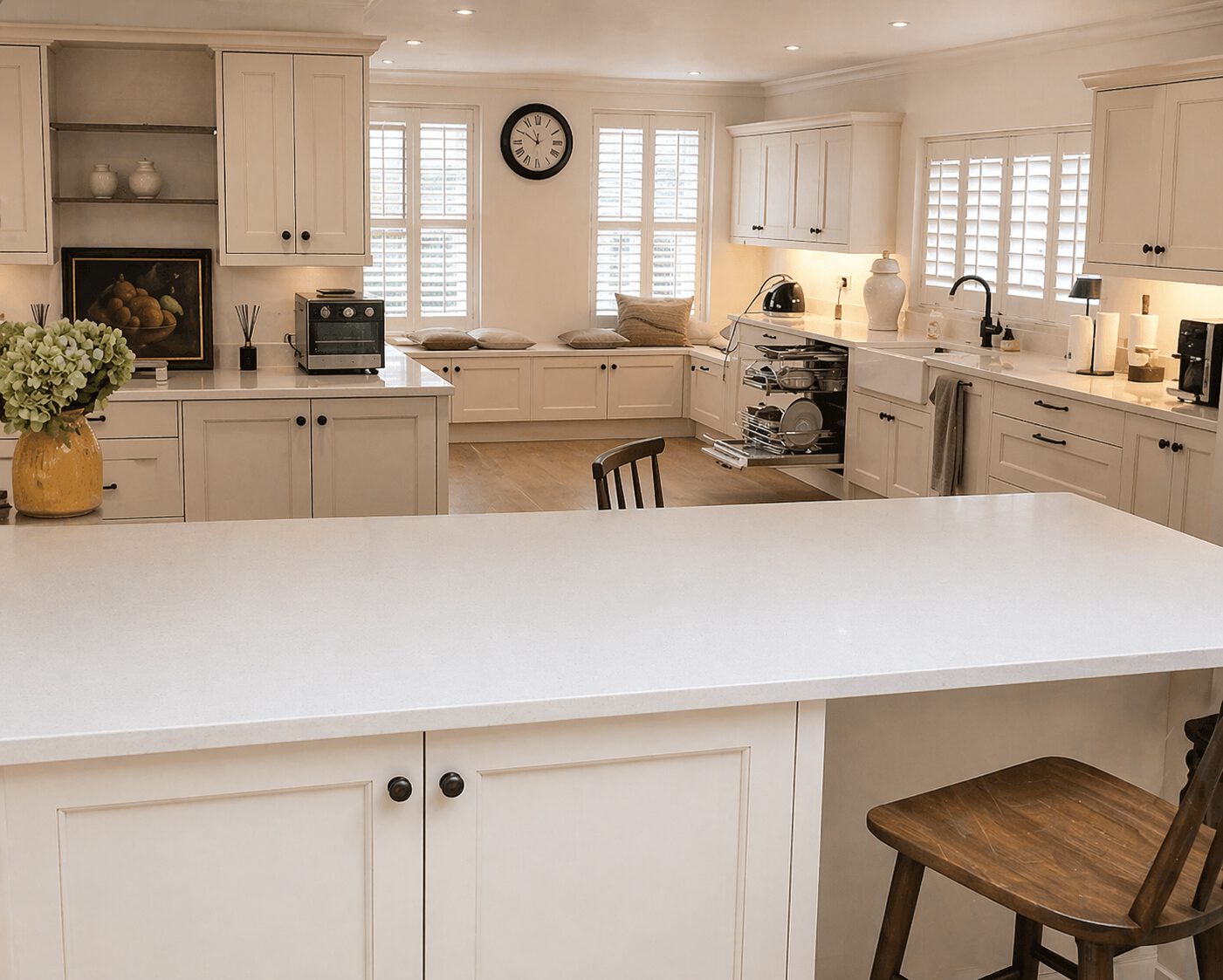 After photo of the large painted kitchen with island in Penllergaer project