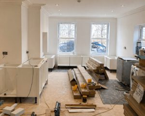 The carcasses before we fitted the bright modern kitchen with seating nook